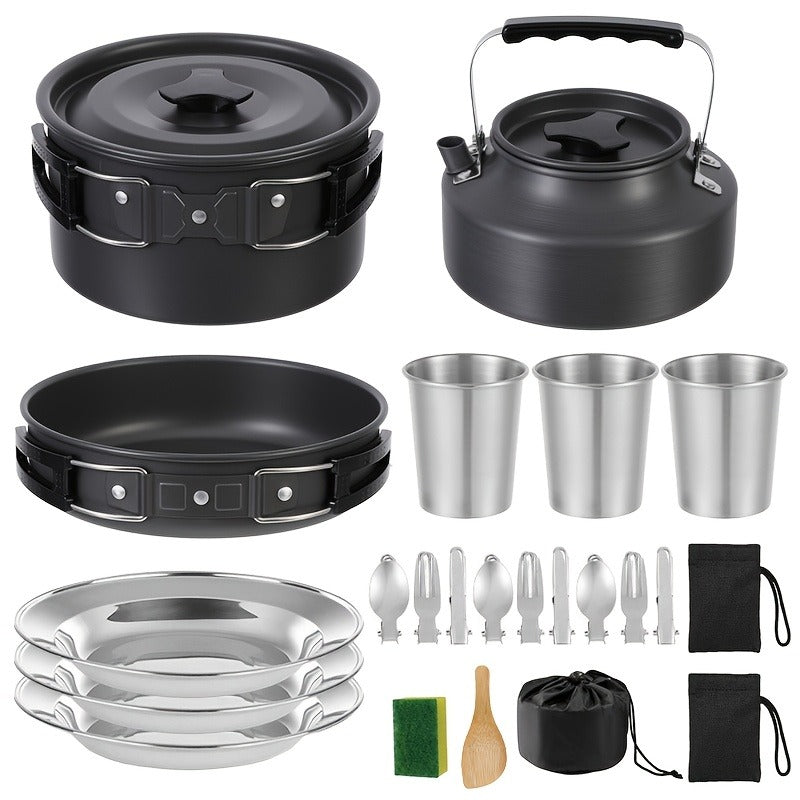 Camping Cookware Set for 2-3 People, Portable Aluminum Outdoor Cooking Kit with Pot, Frying Pan, Kettle & Cutlery, Lightweight Foldable Camp Kitchen Gear for Hiking, Backpacking & Travel