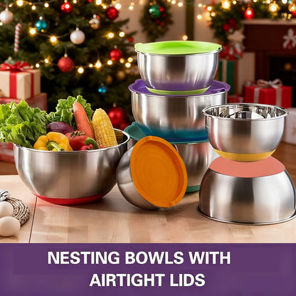Stainless Steel Mixing Bowls Set with Airtight Lids 7 Piece, Stackable Nesting Bowls with Measuring Spoons Whisk Spatula Tongs Basting Brush, Dishwasher Safe Kitchen Bowls for Cooking Baking Camping Travel