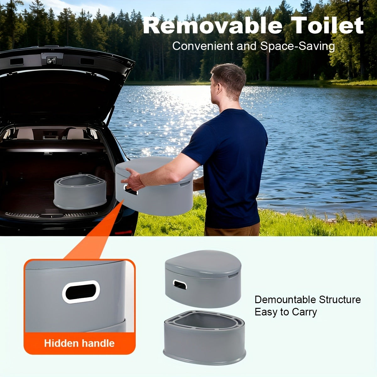 Portable Camping Toilet Extra Large for Adults – Indoor Outdoor Commode with Detachable Inner Bucket & Removable Paper Holder, Lightweight & Compact for Camping, Boat, Van & Emergency Use, Black & Gray