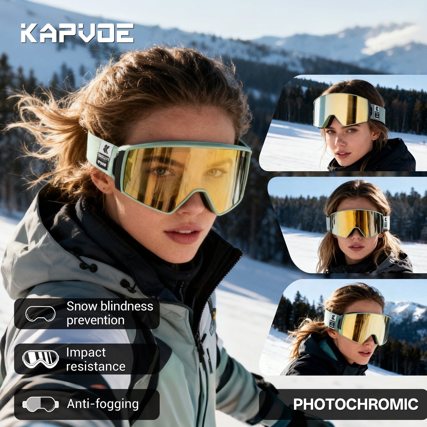 Magnetic Photochromic Ski Goggles OTG Helmet Compatible – 16-Point Magnetic Swap Lens, Triple-Layer Foam, Double Anti-Fog Dual-Layer PC 99.99% UV Protection for Men & Women, Includes Case & Bag