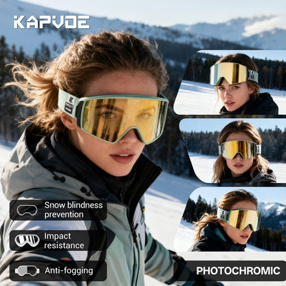 Magnetic Photochromic Ski Goggles OTG Helmet Compatible – 16-Point Magnetic Swap Lens, Triple-Layer Foam, Double Anti-Fog Dual-Layer PC 99.99% UV Protection for Men & Women, Includes Case & Bag