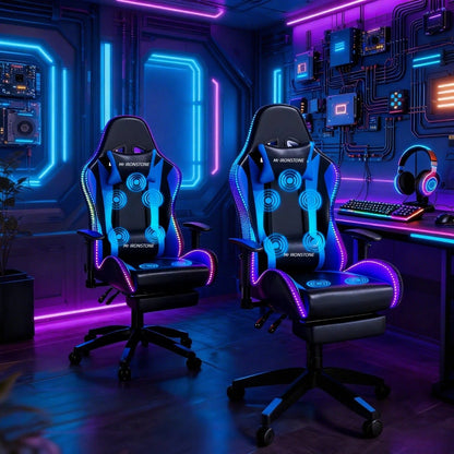 Gaming Chair with Massage and Bluetooth Speaker – RGB LED Lights, 135° Reclining with Footrest, 7-Point Vibration, 3D Adjustable Arms, 360° Swivel, Heavy Duty 400 lbs Big & Tall Ergonomic Chair, Blue Black
