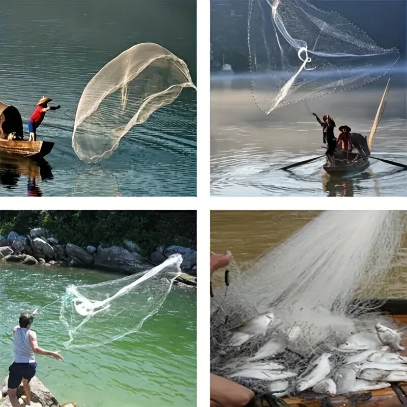 Throw Cast Net 8FT 10FT Transparent Thread Nylon Mesh 3/8in, Galvanized Zinc Sinkers 26ft PE Braid Hand Line No-Ring Design for Shrimp Bait Trapping Pond River Saltwater Fishing
