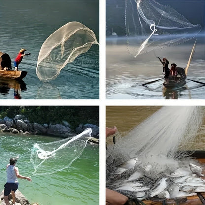 Throw Cast Net 8FT 10FT Transparent Thread Nylon Mesh 3/8in, Galvanized Zinc Sinkers 26ft PE Braid Hand Line No-Ring Design for Shrimp Bait Trapping Pond River Saltwater Fishing