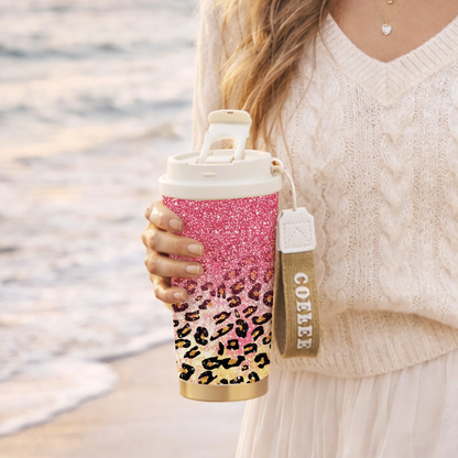 Insulated Stainless Steel Tumbler 18oz - Pink Glitter & Golden Leopard Print, Leak-Proof Foldable Straw Lid, Keep Hot 12H Cold 24H, Trendy Travel Coffee Cup Gift for Women