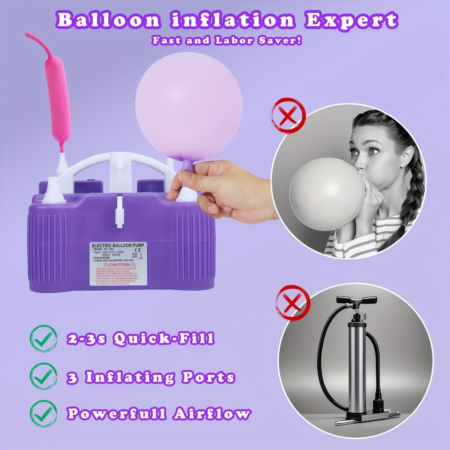 Electric Balloon Pump 3-in-1 Triple Inflating Ports | Fast Air Inflator Deflator for Latex Foil 260Q Balloons Swimming Rings Air Mattress | Portable Electric Balloon Inflator Purple Green