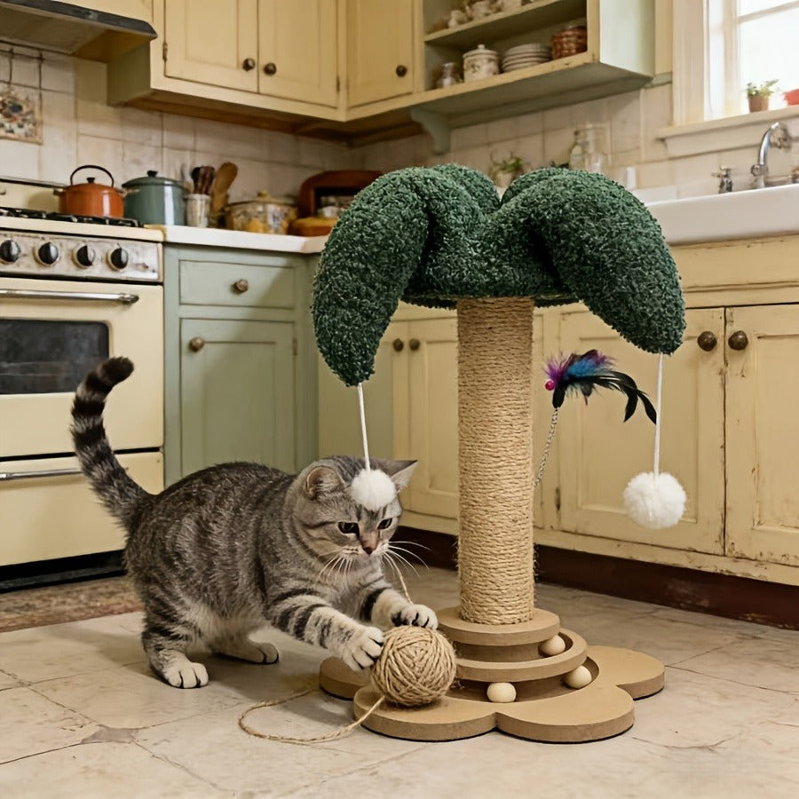 Cat Scratching Post Sisal Vertical Clown Hat Design, Wear-Resistant Cat Scratch Board with Cat Climbing Frame & Teaser Toy, Fun Shaped Cat Scratcher for Indoor Cats, Millet & Turtle Shape, Green