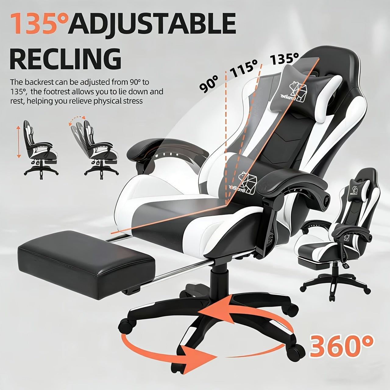 Gaming Chair with Footrest & Lumbar Support – Ergonomic Reclining Computer Chair 360° Swivel Adjustable Height