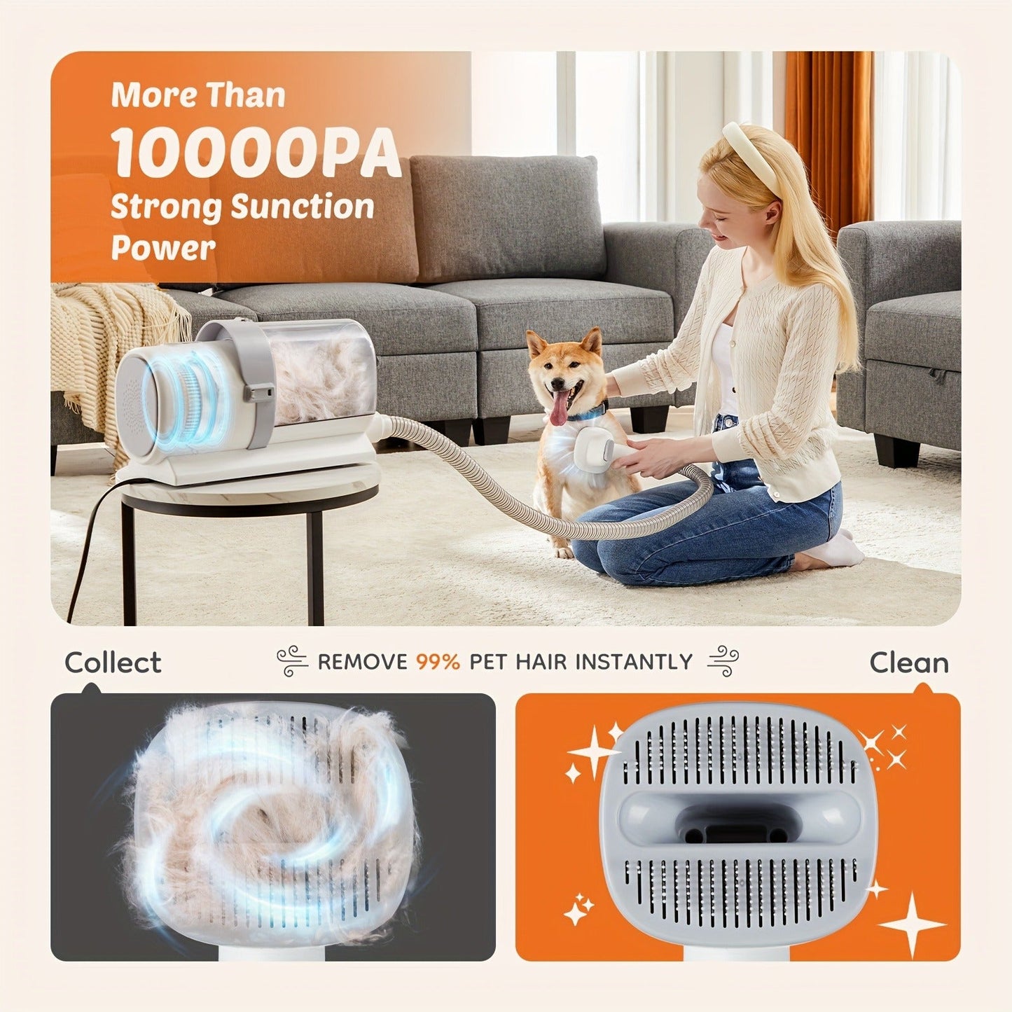 Pet Grooming Vacuum Kit 5-in-1 Professional Clippers 99% Hair Suction 6 Guide Combs Multifunctional Dog Cat Grooming Tools White Blue Grey