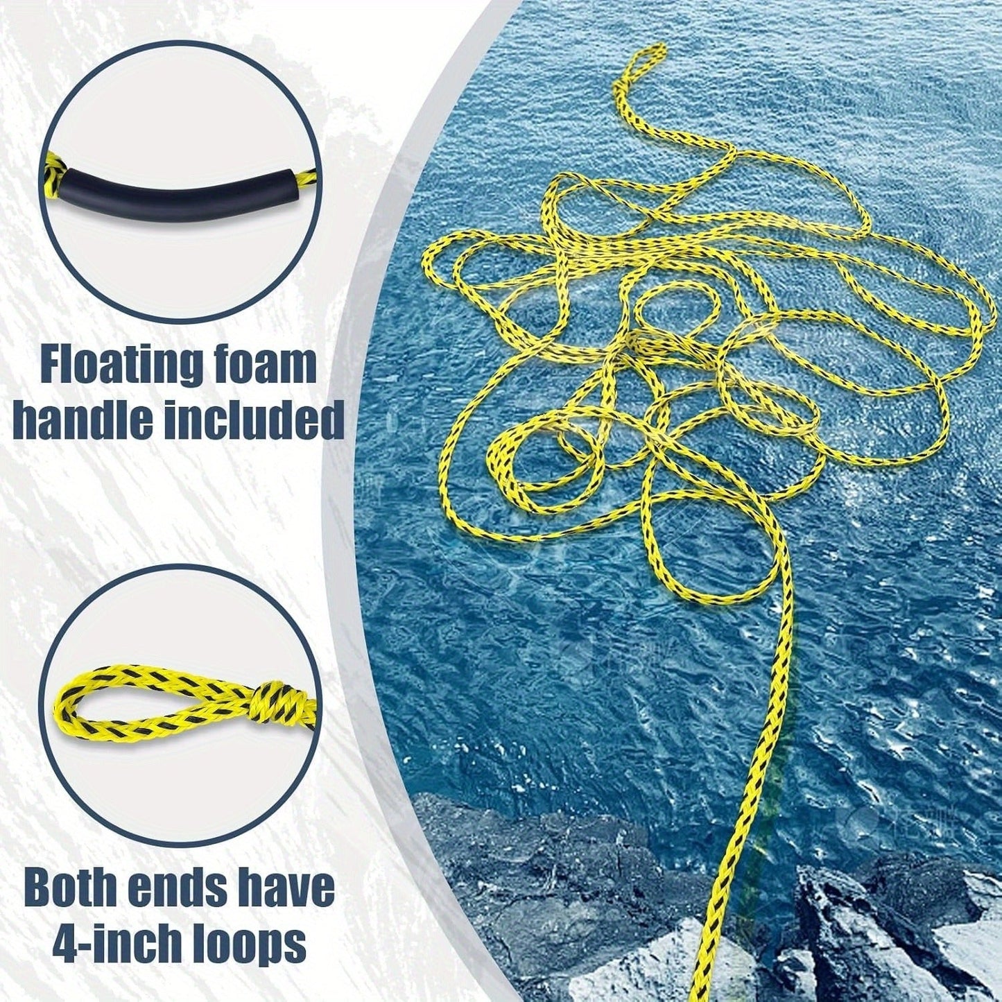 Heavy Duty Floating Tow Rope 60ft 2600lbs Breaking Strength 16-Strand UV Resistant Pre-Stretched for Towable Tubes Water Skis Wakeboards Kneeboards 1-3 Riders