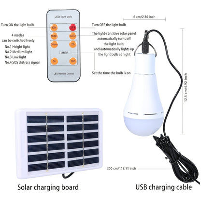 Solar Light Bulbs 2 Pack Campsite Outdoor – Remote Control Timer, 4 Modes 300LM, Light Sensor Auto On/Off, Solar & USB Rechargeable – Shed, Chicken Coop, Emergency & Camping Light