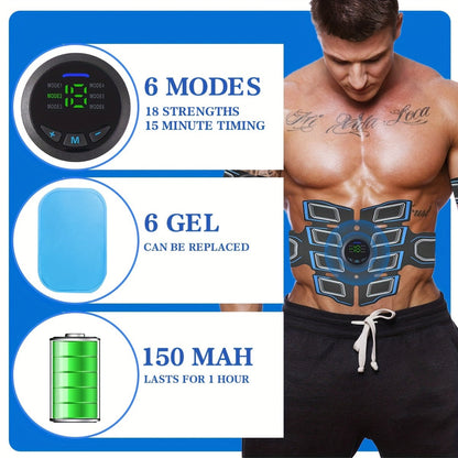 EMS Muscle Stimulator Fitness Belt 3-Piece Set 6 Modes 18 Intensity Levels USB Rechargeable Full Body Relaxation Massager