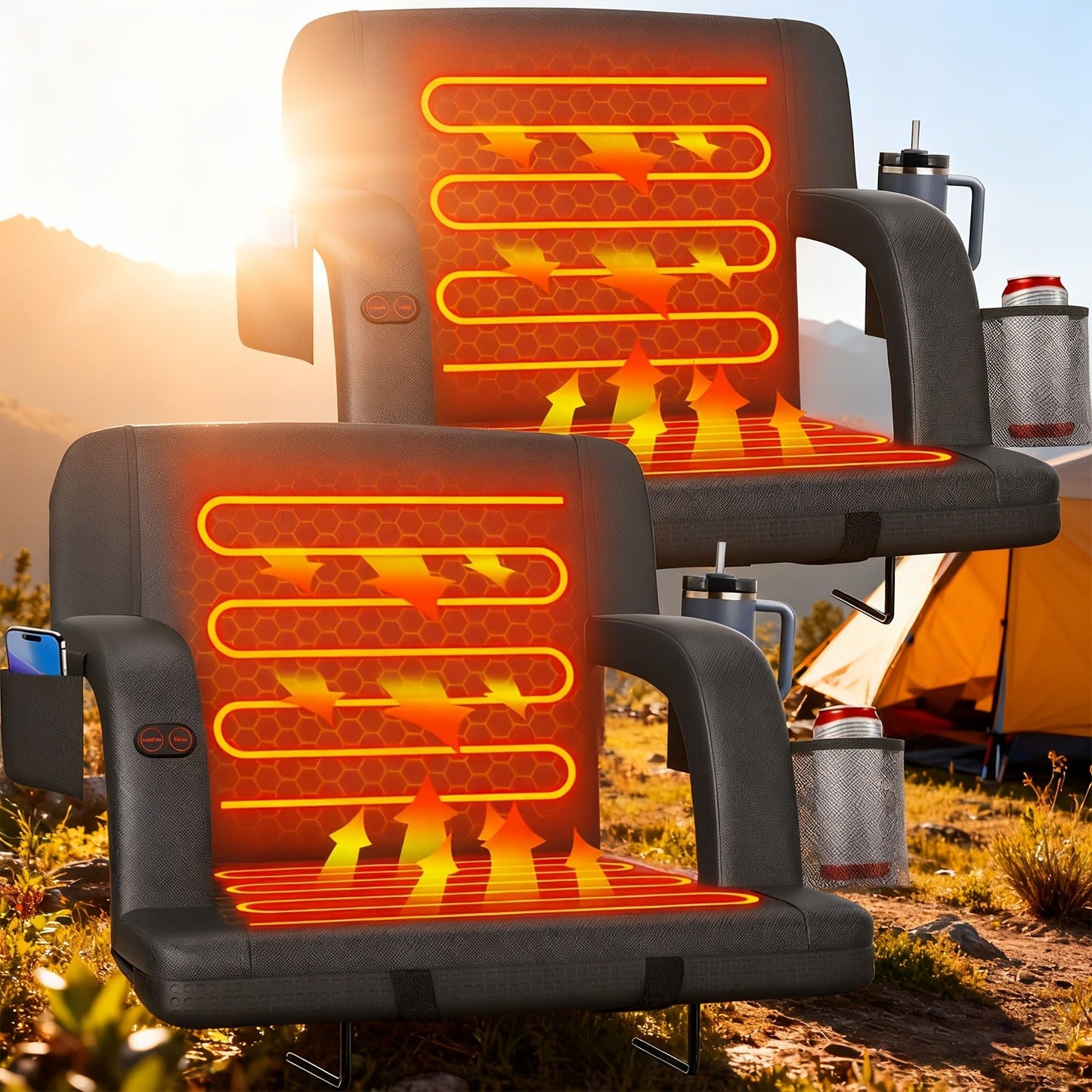 Heated Stadium Seat with Back Support for Bleachers 6 Reclining Positions 3 Heat Levels Dual-Zone USB Heated Bleacher Chair with 5 Storage Pockets Adjustable Armrests Portable Backpack Strap for Sports Games Concerts Outdoor Events