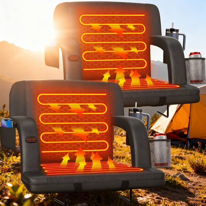 Heated Stadium Seat with Back Support for Bleachers 6 Reclining Positions 3 Heat Levels Dual-Zone USB Heated Bleacher Chair with 5 Storage Pockets Adjustable Armrests Portable Backpack Strap for Sports Games Concerts Outdoor Events