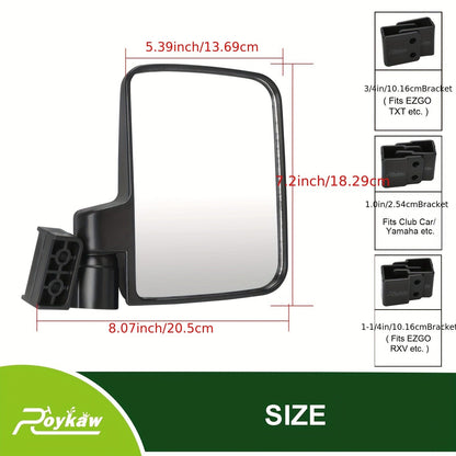 Convex Golf Cart Side Rear View Mirror for EZGO Club Car Yamaha G29 Square Frame – No Drilling Easy Install Wide Angle Blind Spot Mirror