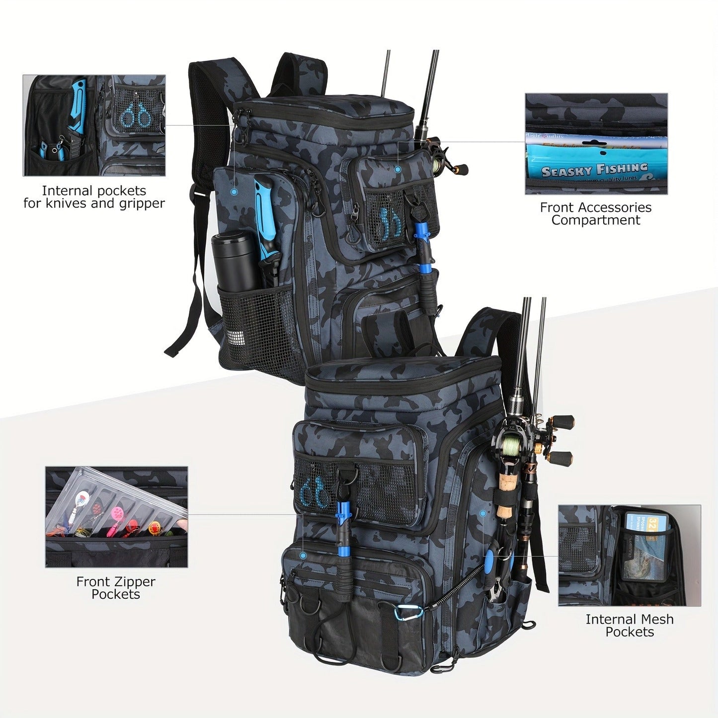Waterproof Fishing Rod Backpack 42L – Built-In Rod Tube, 16 Pockets & Insulated Cooler Option | Black, Camo, Khaki, Gray