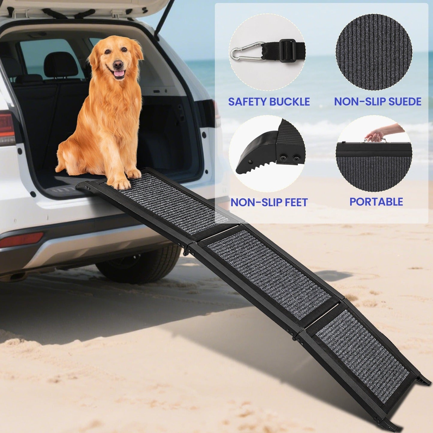 Folding Pet Ramp for Dogs & Cats – Adjustable Portable Non-Slip Fabric Ramp with Ergonomic Handle for Car, Bed & Sofa Access | Indoor & Outdoor Use, 60in & 67in
