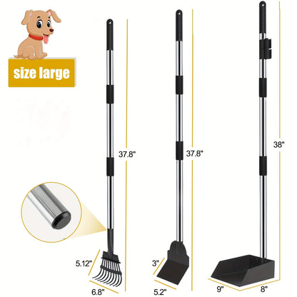 Dog Pooper Scooper Set - Stainless Steel Tray & Rake with Adjustable Long Handle, Rust-Proof Durable Pet Waste Removal Tool, Easy to Clean, Ideal for All Dog Breeds, Yard & Outdoor Use