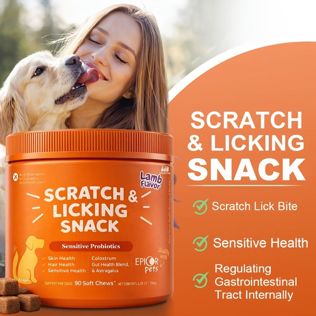 Dog Omega 3 Skin & Coat Chews 90ct – Lamb Flavor Soft Pellets with Probiotics for Itching, Scratching & Licking Relief, Fur Care Supplement for Dogs of All Ages & Breeds