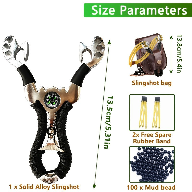 Alloy High-Velocity Slingshot Set for Hunting – Professional Catapult with Slingshot Bag, 100 Mud Beads & 2 Rubber Bands | Outdoor Target Practice & Small Game Hunting Slingshot Kit with Compass Accent