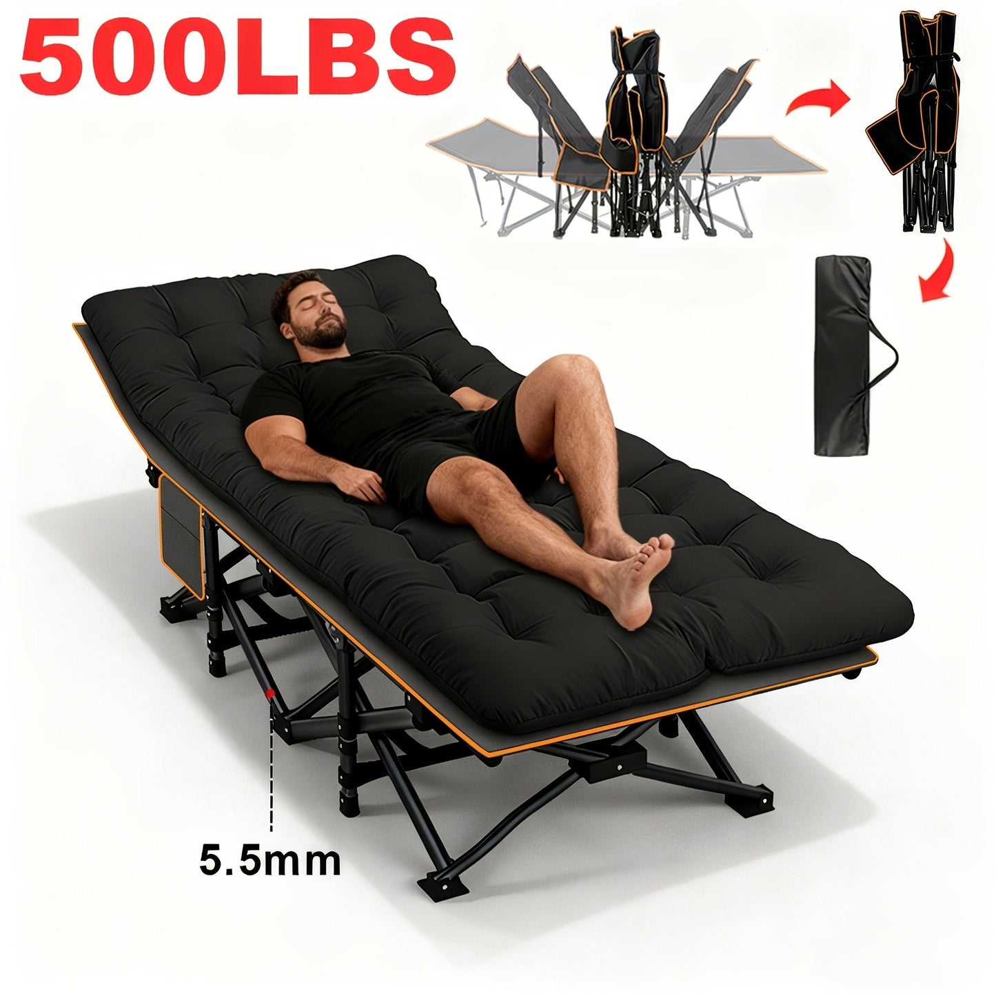 Heavy Duty Folding Bed 500 600 700 LBS Capacity Extra Large Portable Camping Cot Guest Bed with Optional Mattress Sturdy Steel Frame Flip-Up Foldable Patio Sofa Bed