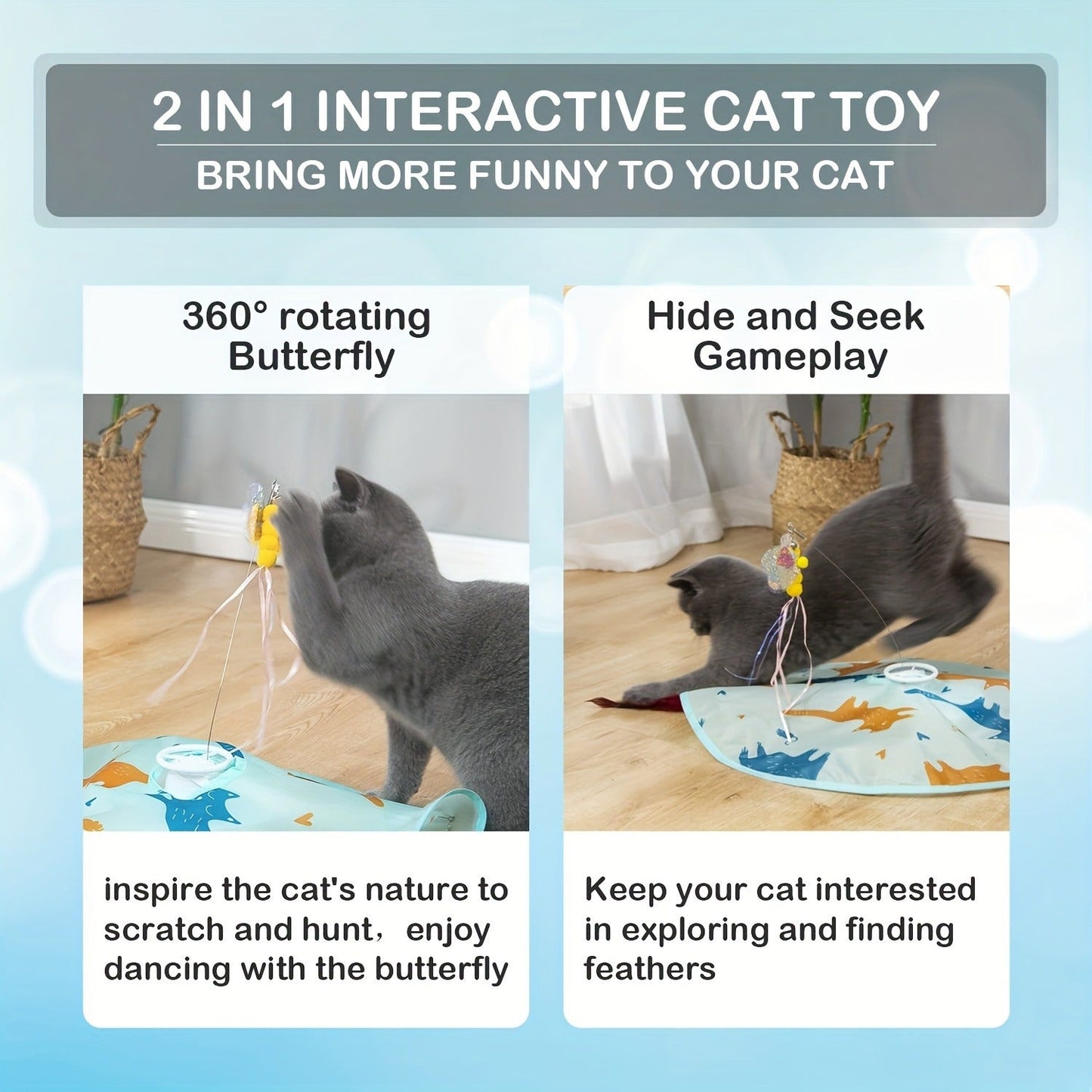 Interactive Cat Toy Electric Motion Activated 2-in-1 Rotating Butterfly & Feather Wand - USB Rechargeable 1200mAh Auto Shut-Off 3 Speed Modes Indoor Cat Exercise Toy by Valonii