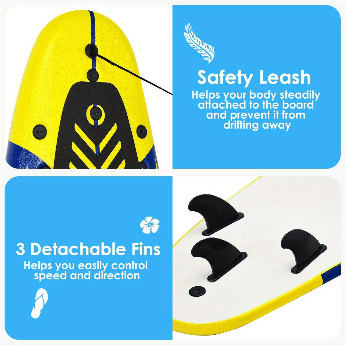 Foam Surfboard 6ft Beginner Surfboard EPE Deck EPS Core 3 Detachable Fins Safety Leash 200lbs for Kids Adults Ocean Beach River Pool Yellow White Red