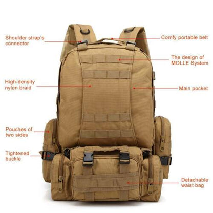 Tactical Backpack 60L MOLLE Military Bag with 3 Detachable Pouches