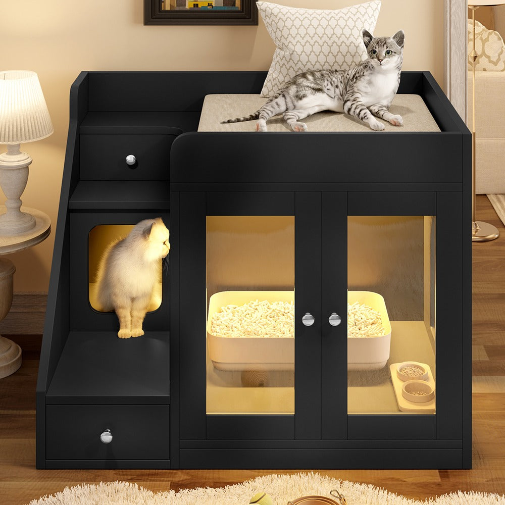 Cat Litter Box Enclosure Furniture Hidden Cabinet with LED Light & 2 Drawers – MDF Indoor Cat House Side Table with Acrylic Door, Stair Steps & 110 lb Capacity, Gray White Black