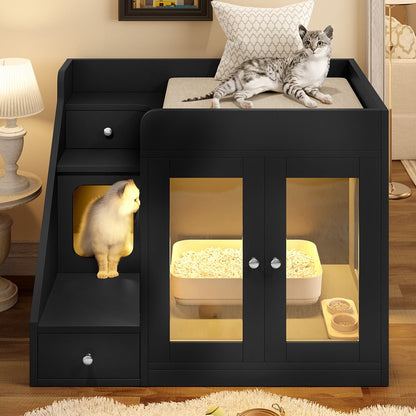 Cat Litter Box Enclosure Furniture Hidden Cabinet with LED Light & 2 Drawers – MDF Indoor Cat House Side Table with Acrylic Door, Stair Steps & 110 lb Capacity, Gray White Black