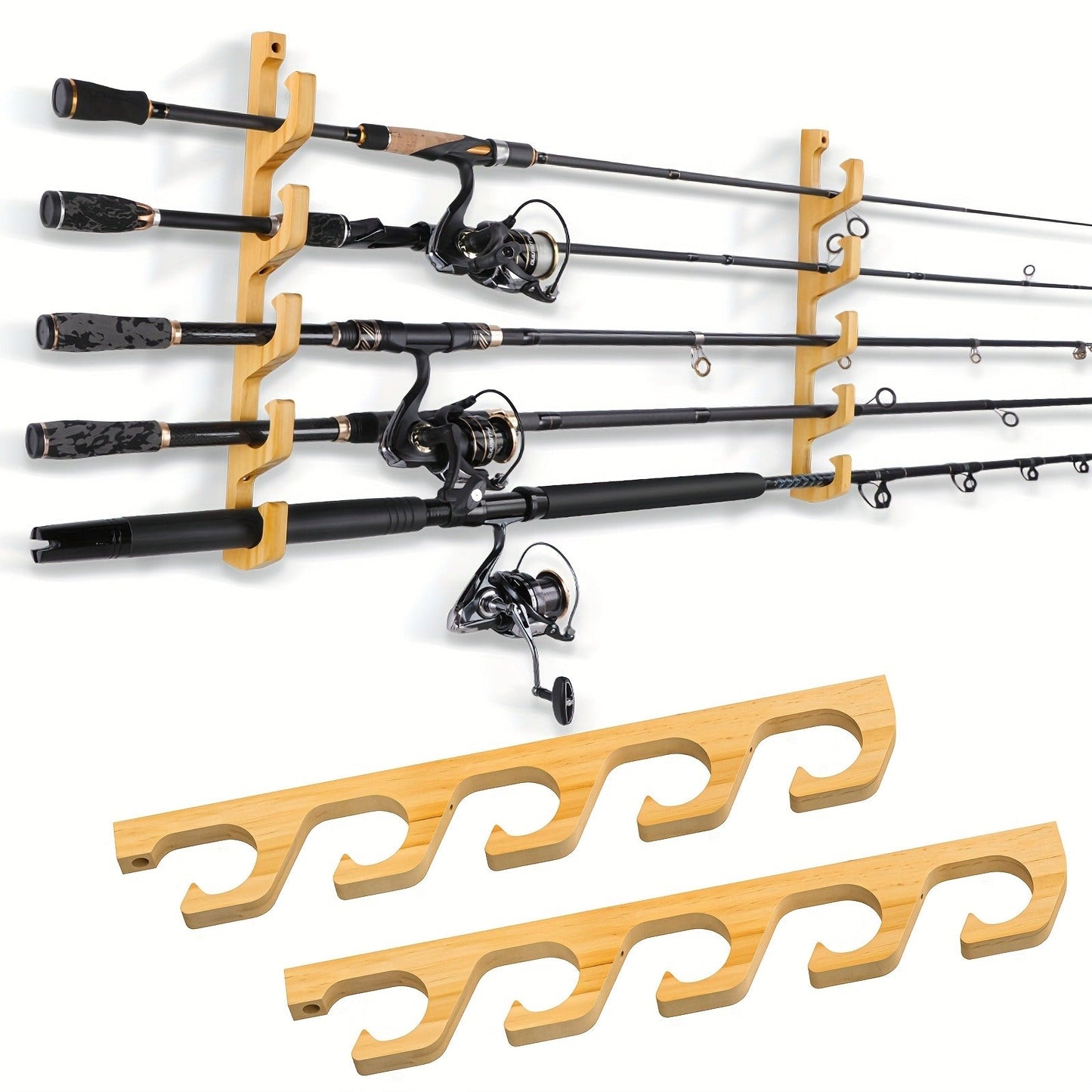 Wall-Mounted Wooden Fishing Rod Rack – 5-Hole Horizontal Rod Holder for Garage, Ceiling & Wall | Solid Wood Fishing Pole Storage Bracket for 5, 10 or 20 Rods | Father's Day Gift for Fishermen & Anglers