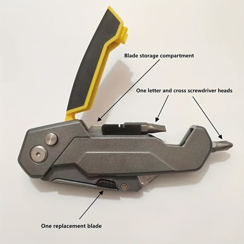 Folding Utility Knife Aluminum Alloy Multifunctional EDC Box Cutter with Screwdriver Blades 10 Replacement Blades for DIY Camping Outdoor