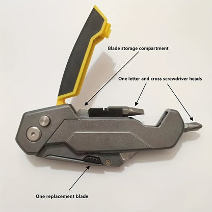 Folding Utility Knife Aluminum Alloy Multifunctional EDC Box Cutter with Screwdriver Blades 10 Replacement Blades for DIY Camping Outdoor