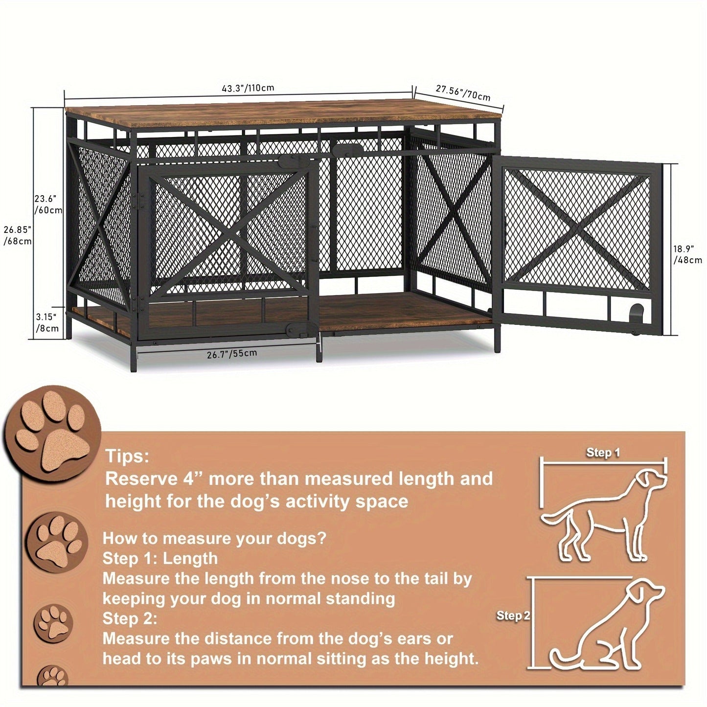 Dog Crate Furniture 43 Inch Corner Indoor Kennel, Heavy Duty Engineered Wood Dog Cage with Side Door for Large Medium Breeds, Vintage Style Pet Crate End Table
