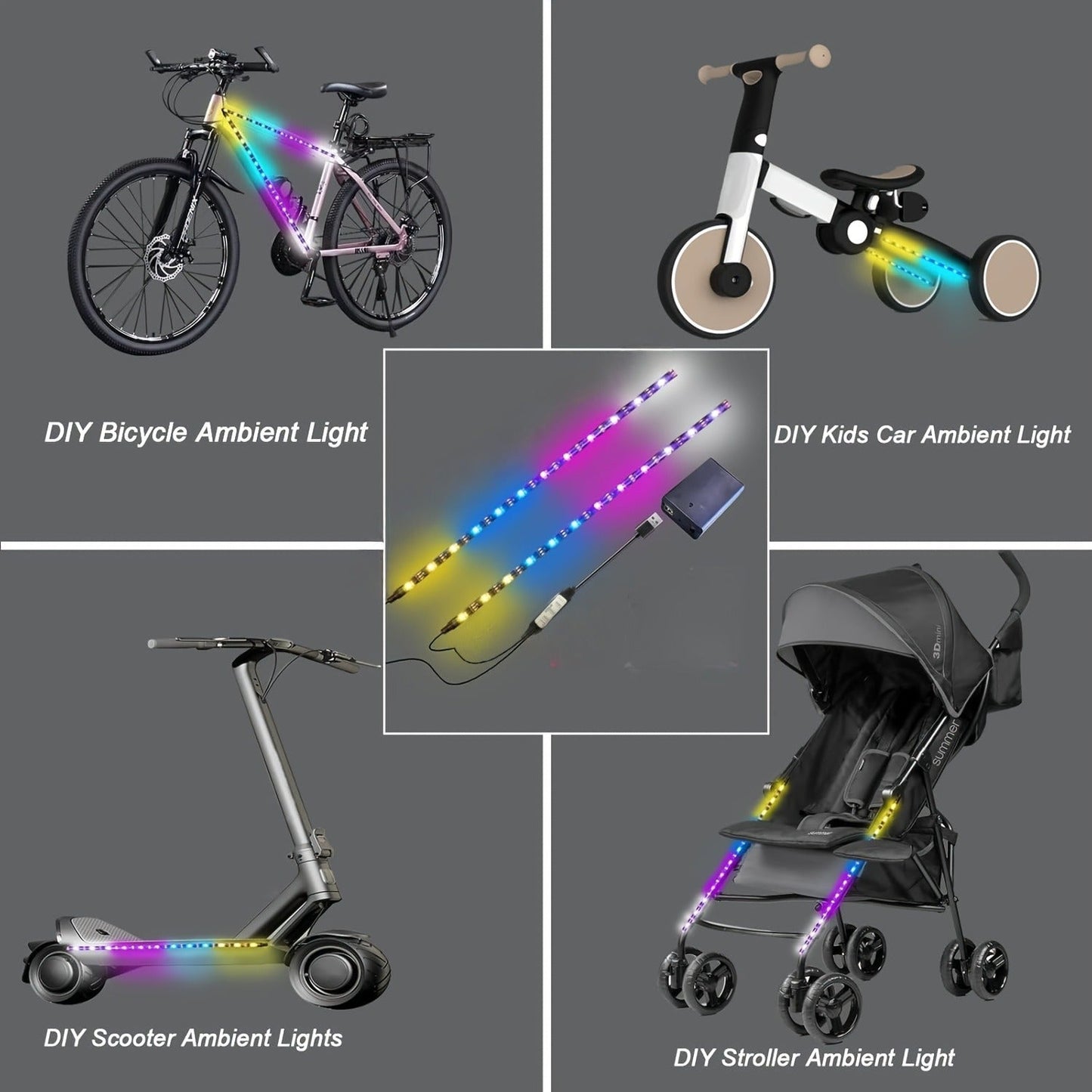 RGB LED Skateboard Light – USB Powered, Fits Bikes & E-Boards