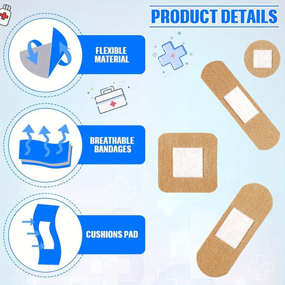 Fingertip Bandages Bulk Pack 100/200pcs, 4 Styles Flexible Fabric Adhesive Bandages, Breathable Skin-Tone Wound Care Strips for Finger Injuries, Family First Aid Kit Refill