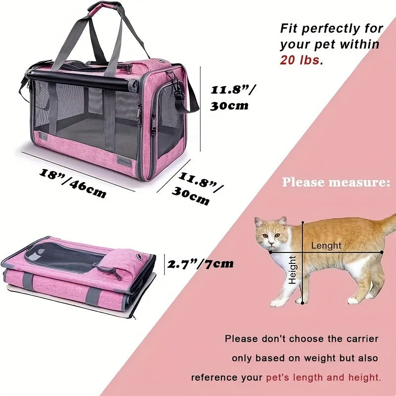 Airline Approved Pet Carrier Soft Sided Collapsible for Cats & Small Dogs - Breathable Oxford Cloth Travel Bag with Zipper Closure, Privacy Cover & Combo Set with Collar Leash Harness, Blue Pink Grey Green Beige