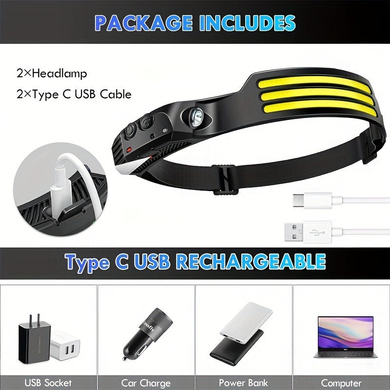 COB LED Headlamp 2 Pack 230° Wide Beam Motion Sensor Rechargeable Head Torch for Hiking Running Fishing Camping Hard Hat