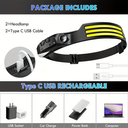 COB LED Headlamp 2 Pack 230° Wide Beam Motion Sensor Rechargeable Head Torch for Hiking Running Fishing Camping Hard Hat