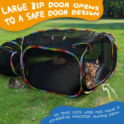 Outdoor Cat Enclosure with Play Tunnel - Portable Catio Tent & Cat Playpen for Indoor Cats, Cage-Free Outside Cat Run with Enclosed Tunnel, Safe Outdoor Exercise Space for Cats & Small Animals