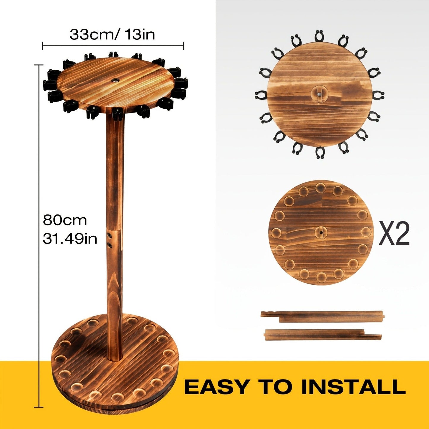 Fishing Rod Rack Holds 16 Rods - Circular Wooden Pole Holder with 360° Rotating Base Option - Space-Saving Wall-Free Fishing Rod Organizer for Garage, Basement & Home Storage