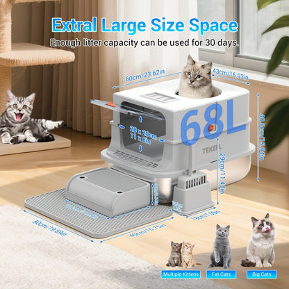 Stainless Steel Cat Litter Box with Lid - Extra Large 68L Enclosed & Semi-Open Modular System, 304 Steel Non-Stick Easy Clean, Charcoal Filter, Litter Mat & Scoop Included, Indoor XL Pet Toilet