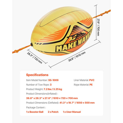 Inflatable Booster Ball for Towable Tubes 680lbs Tensile Strength 0.75mm Thickened PVC with PE Tow Rope for Boating Water Sports Sea Lake River