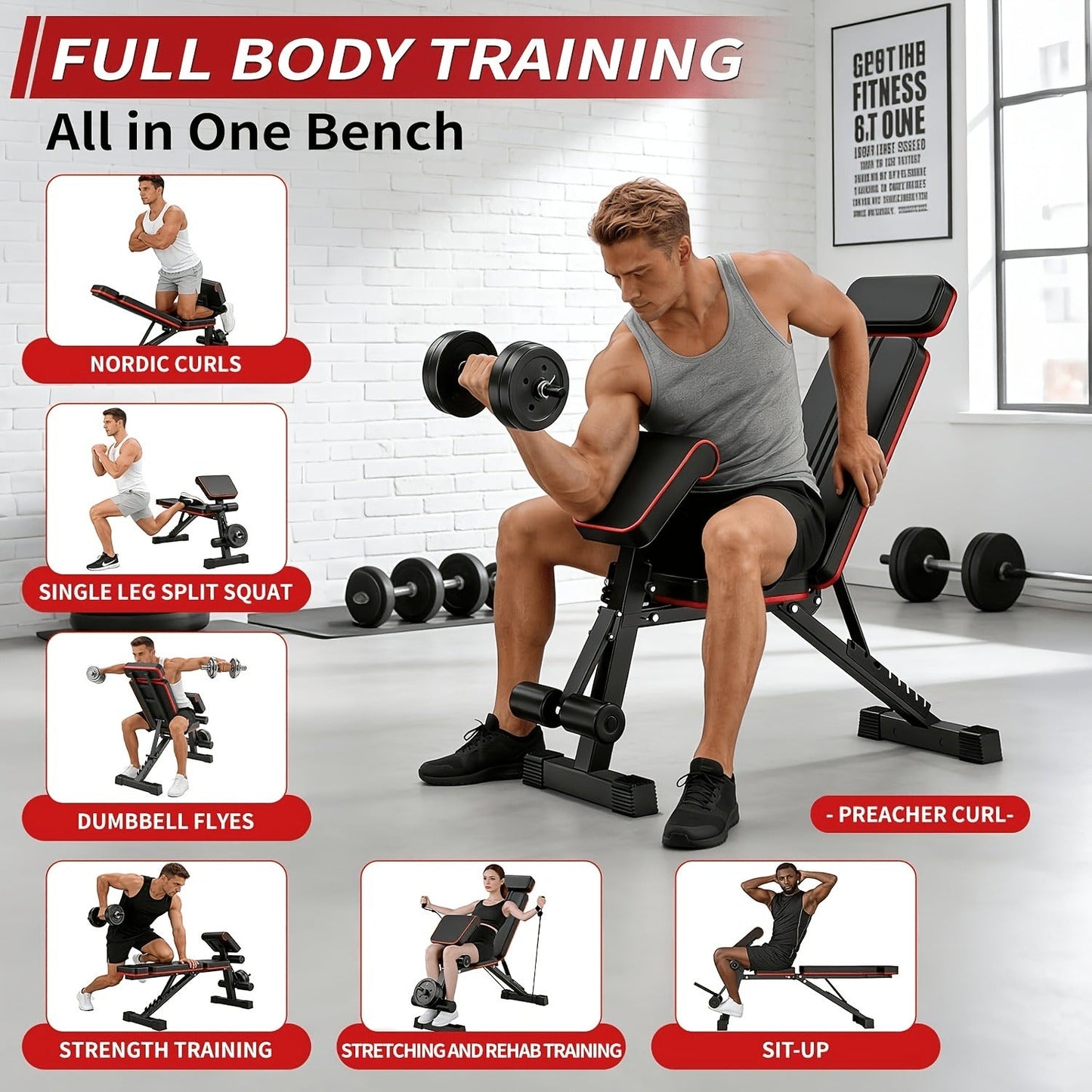 Adjustable Weight Bench – Foldable 14-in-1 Home Gym Dumbbell Bench, 1000 lbs Capacity, Roman Chair with Thick Cushion & Headrest