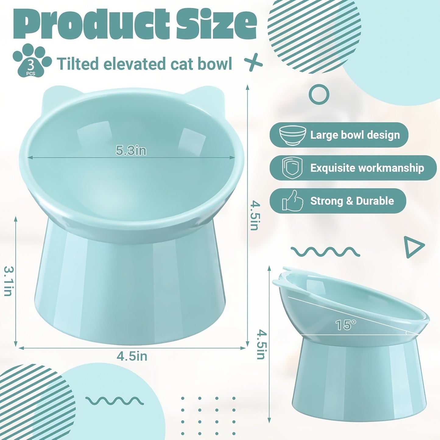 Cat Ear Shaped Raised Cat Bowls Set of 3 - Elevated Feeder Anti-Slip Base Neck Comfort Design, Pink Green Blue Feeding Dish for Cats & Small Pets