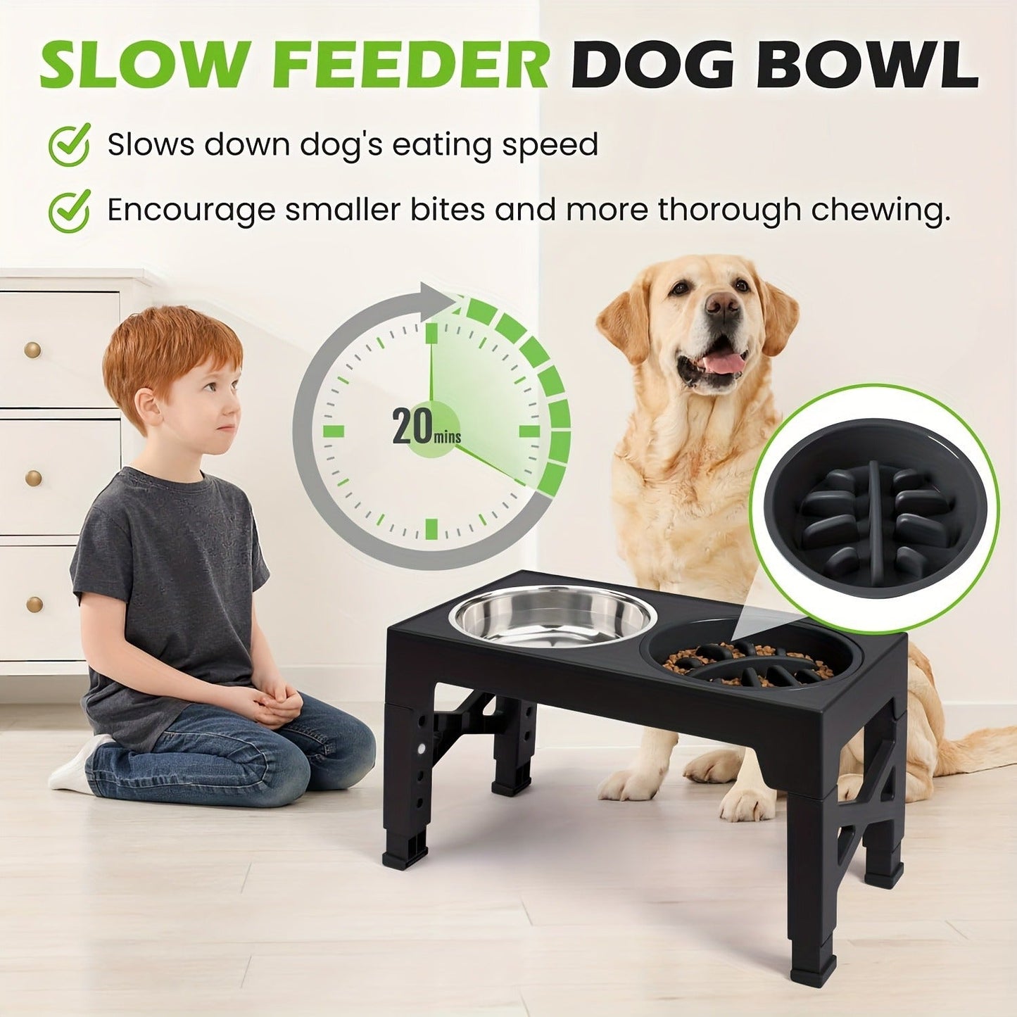 Elevated Dog Bowl Stand with 3 Stainless Steel Bowls – 5 Adjustable Heights, Slow Feeder Design for Small Medium Large Dogs | Anti-Slip Raised Dog Feeder Station (Black & Gray)