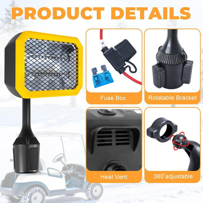 400W Electric Golf Cart Heater Carbon Fiber Fast Heating 360° Adjustable Angle Battery Powered Portable Heater with Cup Holder Adapter Compatible with 48V Golf Cart Systems Golf Cart Accessories