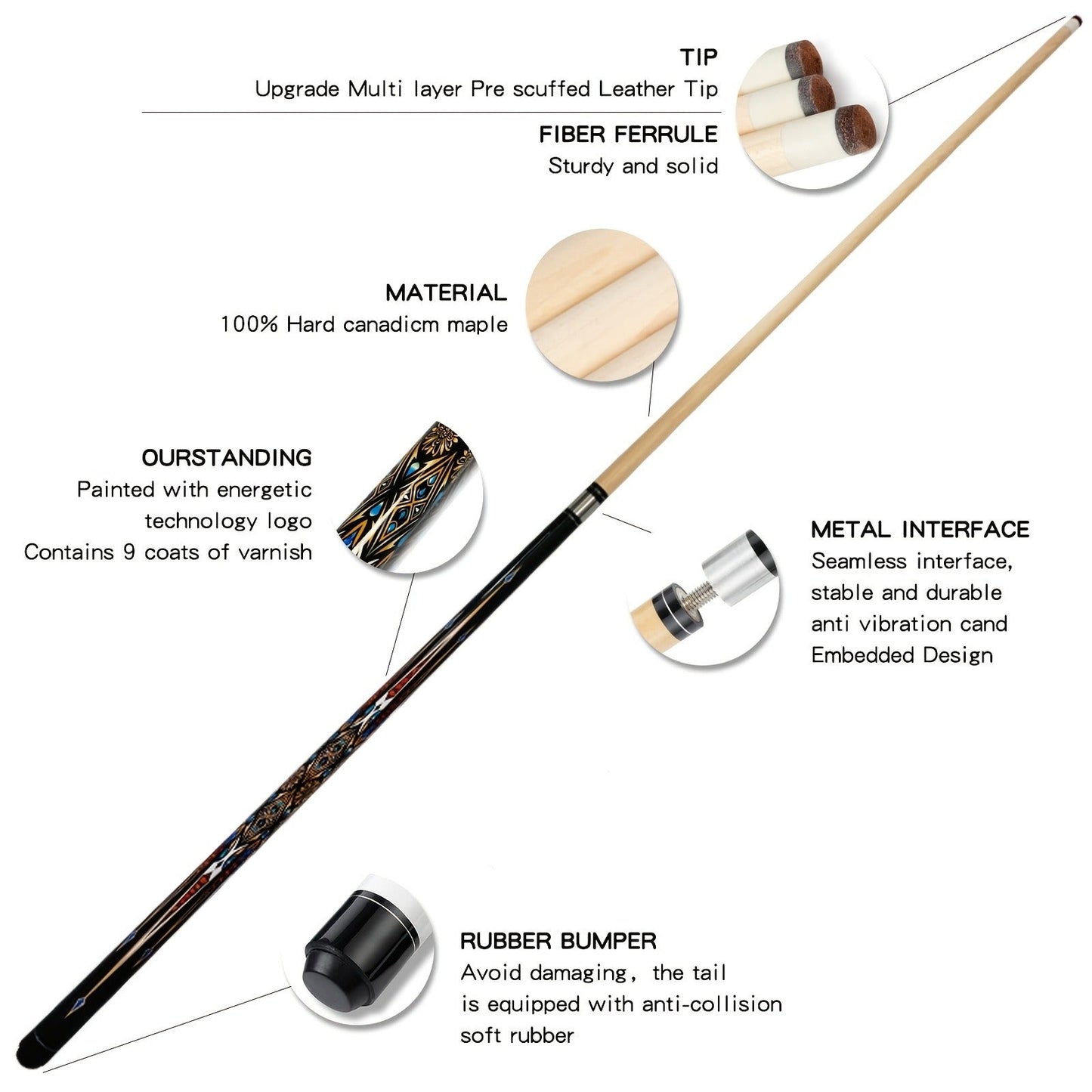 Vintage Maple Pool Cue Stick 58 Inch 20oz – Classic Retro Design Billiard Cue with 3 Style Options – Perfect Gift for Dad, Men & Billiard Enthusiasts, Great for Home & Bar