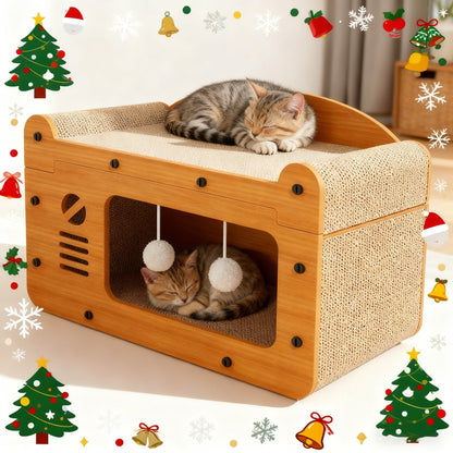 Large Cat House with Scratcher Pad & Plush Ball Toys, Ventilated Multi-Functional Indoor Outdoor Cat Shelter, Easy Assembly Single Door Double Door Luxury Double-Layer Cat Condo, Festival Gift