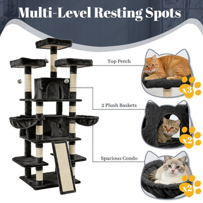 Large Multi-Level Cat Tree Tower – 68–81 Inch Tall Cat Condo with 2 Condos, 3 Plush Perches, Scratching Posts & Cat Hair Brush